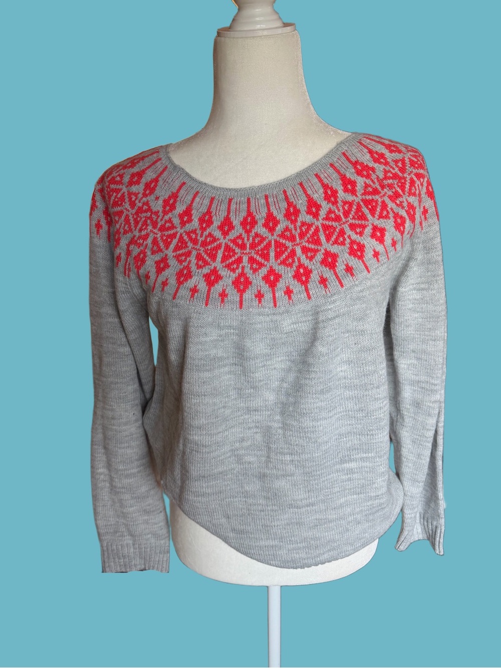 Gray Sweater with Coral Yoke Pattern - Women's Pullover